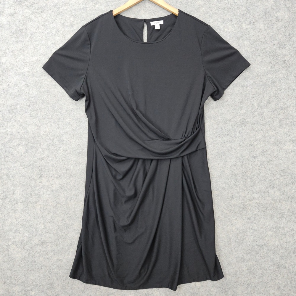Nine West Dress Women's Black XXL Short Sleeve Faux Wrap Ruched Draped Crepe LBD